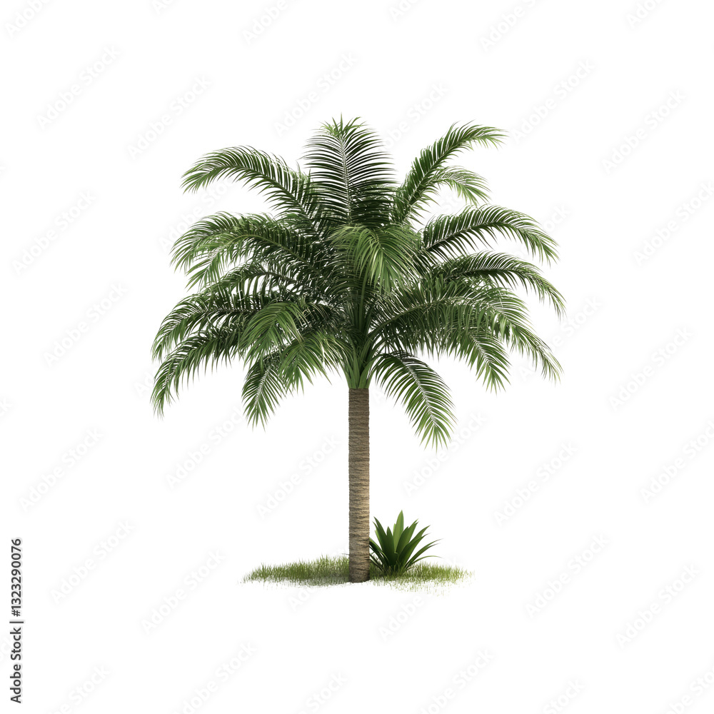 Fototapeta premium Isolated Tropical Palm Tree with Lush Green Fronds and Small Plant at Base on Transparent background