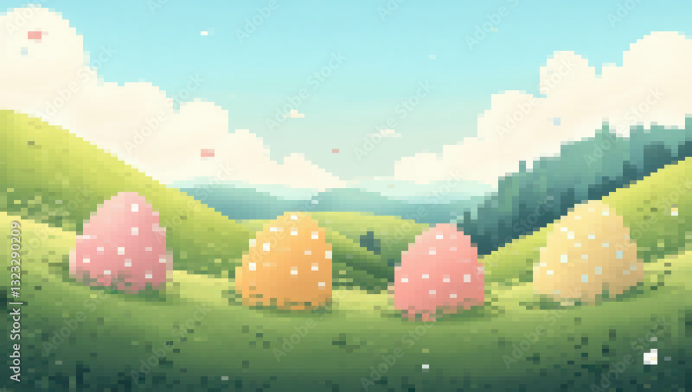 8-bit pixel art fantasy landscape with colorful Easter eggs in a green meadow under a blue sky