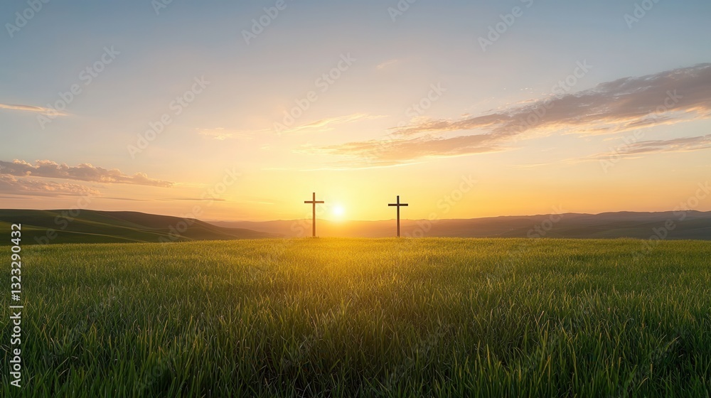 Obraz premium Silhouetted crosses standing in sharp contrast against a breathtaking sunset in a tranquil countryside landscape with lush green grass and rolling hills
