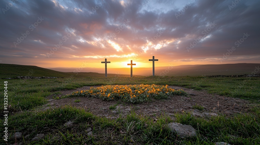 Three crosses stand solemnly in a tranquil meadow their silhouettes contrasted against the vibrant golden hues of a fading sunset sky Three crosses stand solemnly in a tranquil meadow their silhouettes contrasted against the vibrant golden hues of a fading sunset sky