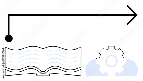 Straight arrow with circular start, open book symbolizing knowledge, interconnected gear for technology. Ideal for education, learning, tech solutions, growth, planning, workflow innovation flat