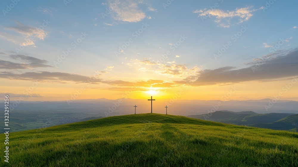 Obraz premium Stunning silhouette of three shadowy crosses standing on a peaceful grassy hilltop against a breathtaking sunset sky creating a serene and spiritual scene