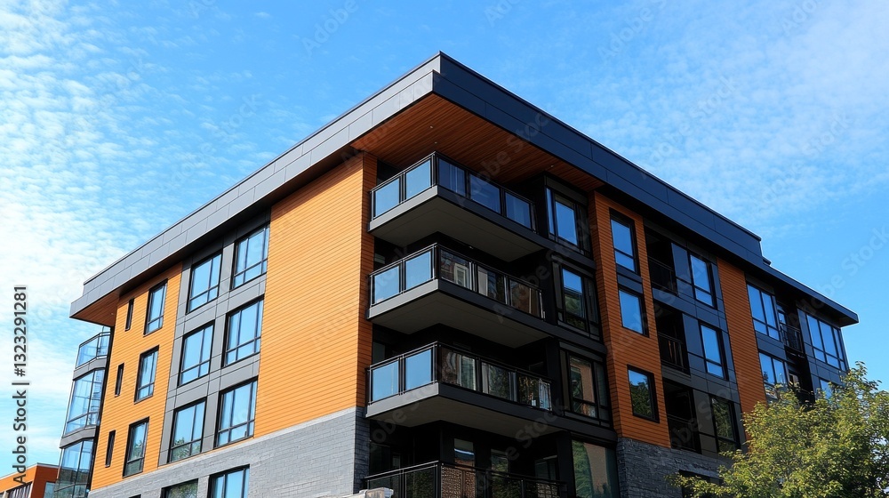 Obraz premium A contemporary residential building showcases its sleek design and spacious balconies under a radiant blue sky, in a vibrant urban environment that invites community living