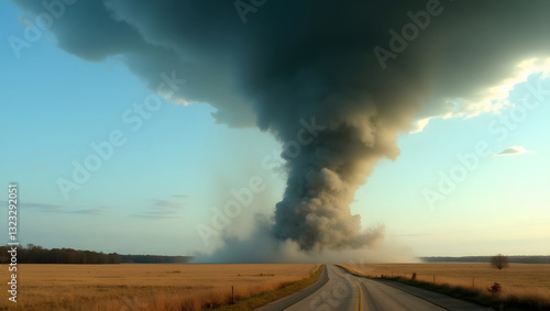 Terrifying tornado, thunderstorm, rural landscape stretching to the horizon