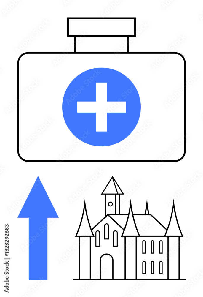 Obraz premium First aid kit with cross, blue upward arrow, and a church-thumbs up structure represent healthcare guidance, progress, emergency readiness, heritage. Ideal for recovery, support, medical progress