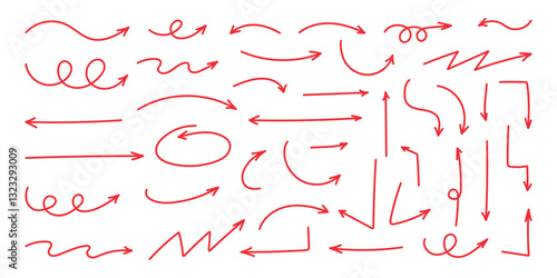 Squiggly red arrow set. Chalk elements in flat style. Doodle movement spiral arrows, scribble, lines. Hand drawn pencil brush for icon, children sketch. Vector illustration on white background.