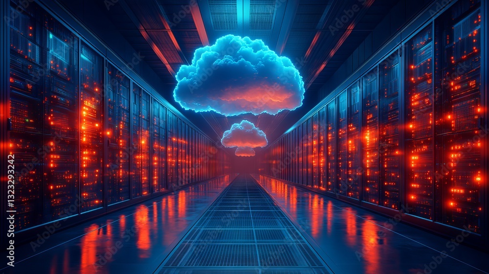 Futuristic data center showcasing advanced cloud technology with glowing cloud icons representing modern digital infrastructure and seamless connectivity Futuristic data center showcasing advanced cloud technology with glowing cloud icons representing modern digital infrastructure and seamless connectivity