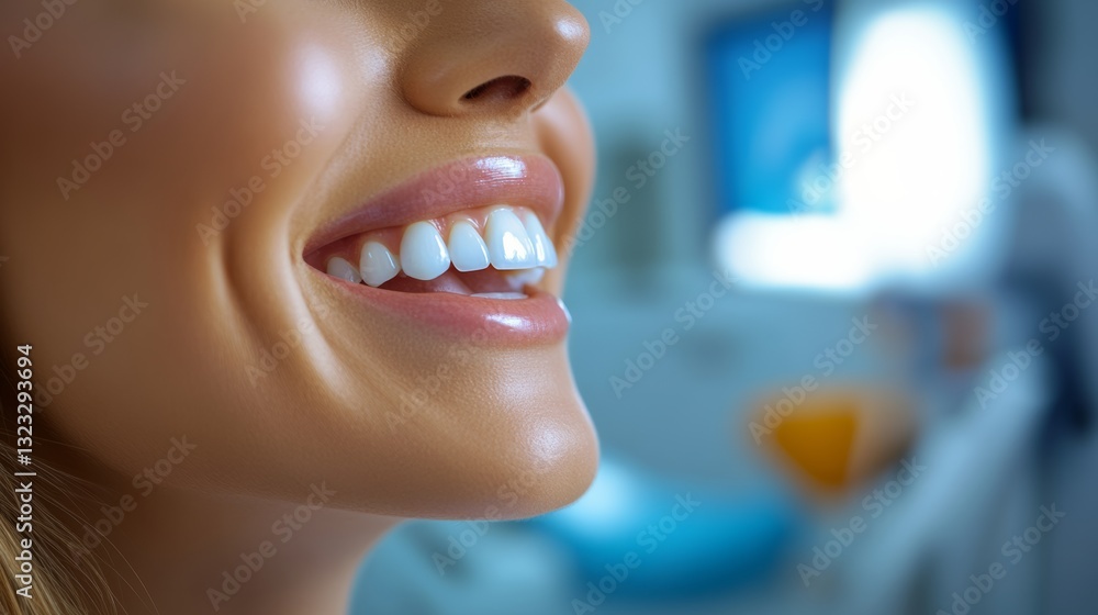 Obraz premium Woman with a white smile is shown in a dental office. The room is clean and well-lit, with a TV mounted on the wall. The woman's teeth are white and her smile is bright, giving off a positive