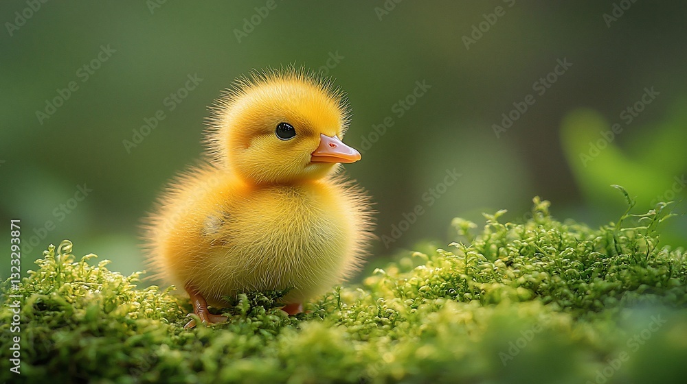 Adorable fluffy yellow duckling standing on vibrant green moss in a serene natural setting Adorable fluffy yellow duckling standing on vibrant green moss in a serene natural setting
