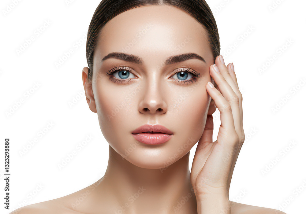 Beauty portrait of a woman with flawless skin, striking blue eyes, and natural makeup, exuding elegance and freshness. Beauty portrait of a woman with flawless skin, striking blue eyes, and natural makeup, exuding elegance and freshness.
