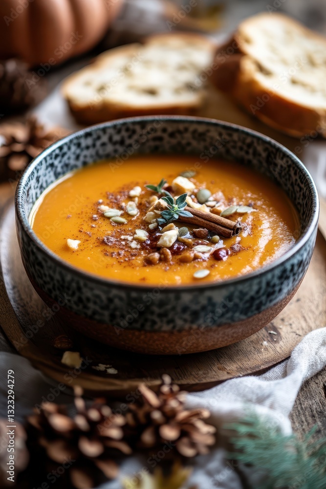 Cozy autumn table setting featuring a rich bowl of pumpkin soup, warm colors, and seasonal decor. Cozy autumn table setting featuring a rich bowl of pumpkin soup, warm colors, and seasonal decor.