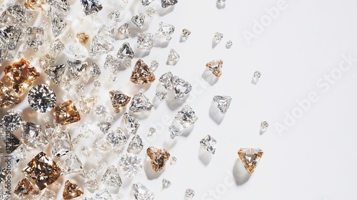 Scattered diamonds of various cuts and colors on white background.