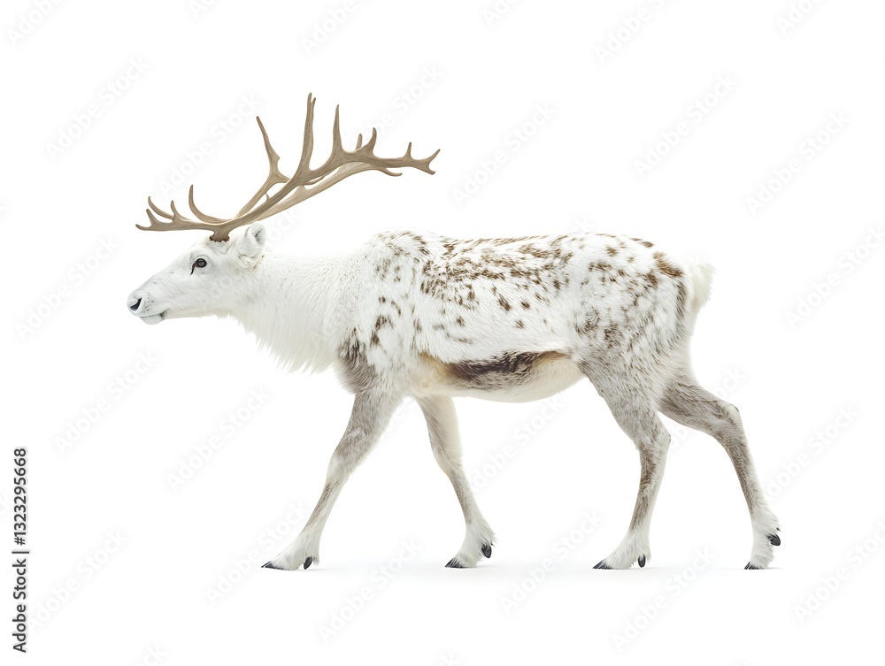 Obraz premium Majestic deer walking gracefully against a pure white background showcasing the beauty of arctic wildlife in isolation