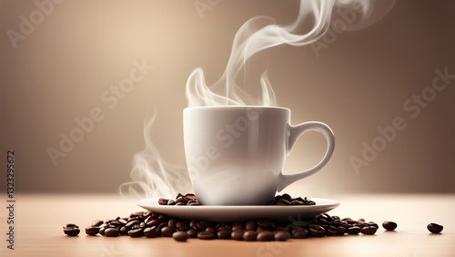 A steaming cup coffee sits a saucer nestled amongst roasted coffee beans a wooden surface.