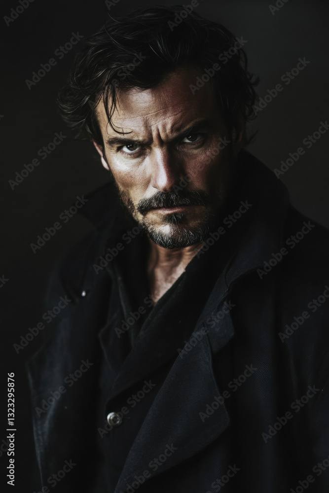 Fototapeta premium Portrait of a Caucasian man with intense expression, wearing a dark coat against a dark background.