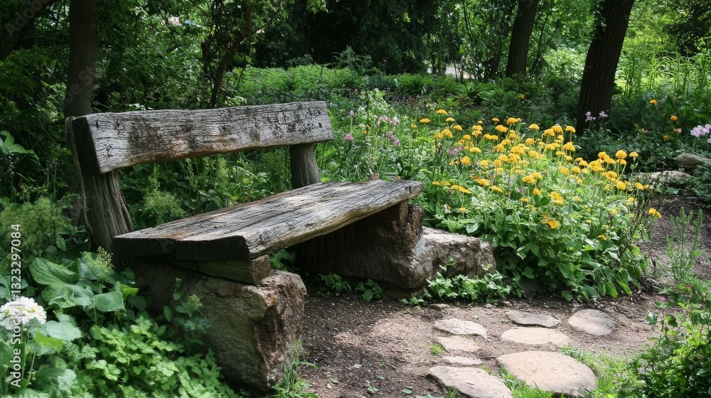 Rustic Wooden Bench in a Vibrant Garden Rustic Wooden Bench in a Vibrant Garden