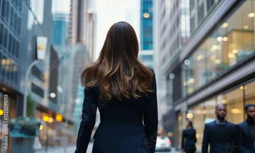 A woman in a business suit stands confidently in a bustling urban street, with skyscrapers towering around her, symbolizing ambition and professionalism in a modern city environment.