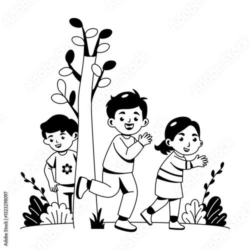 Children playing hide seek game, a glyph style illustration 