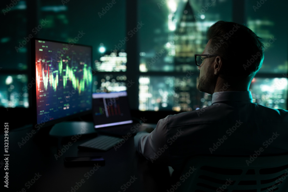 Thoughtful stock market analyst working in front of skyline window Thoughtful stock market analyst working in front of skyline window