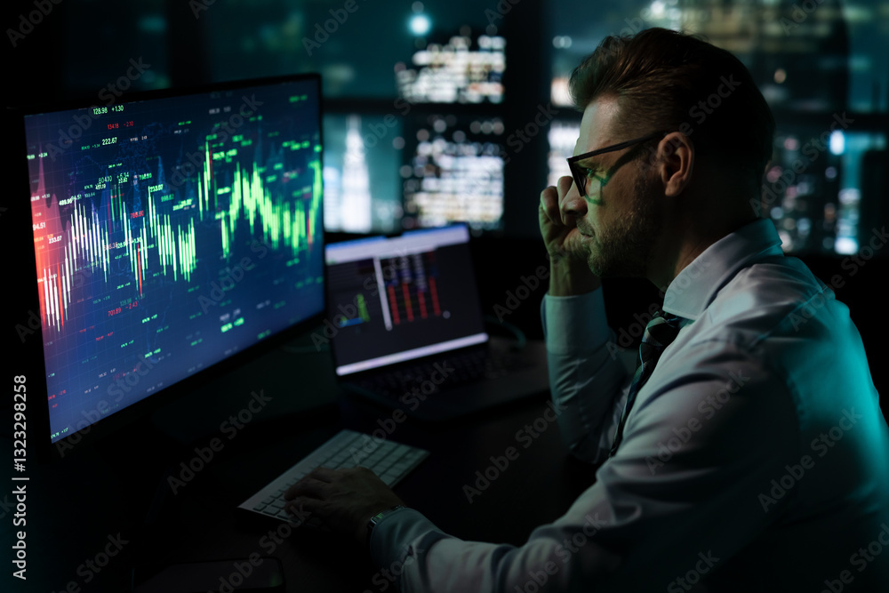 Smart stock market analyst working in front of skyline window Smart stock market analyst working in front of skyline window