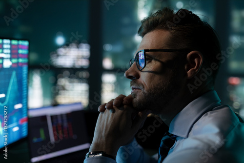 Tableau sur toile Thoughtful stock market analyst working in front of skyline window