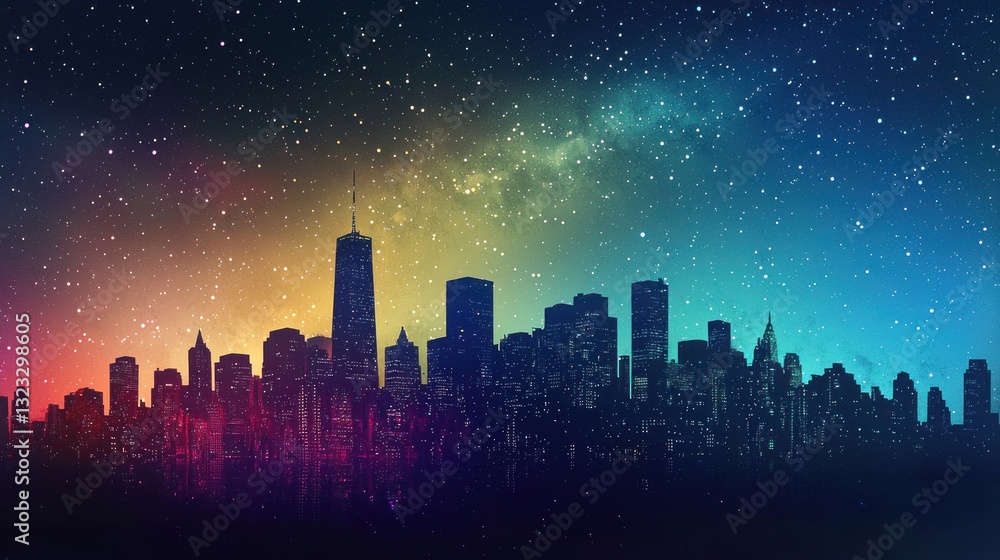 Fototapeta premium Iridescent gradient cityscape merging into a starry sky