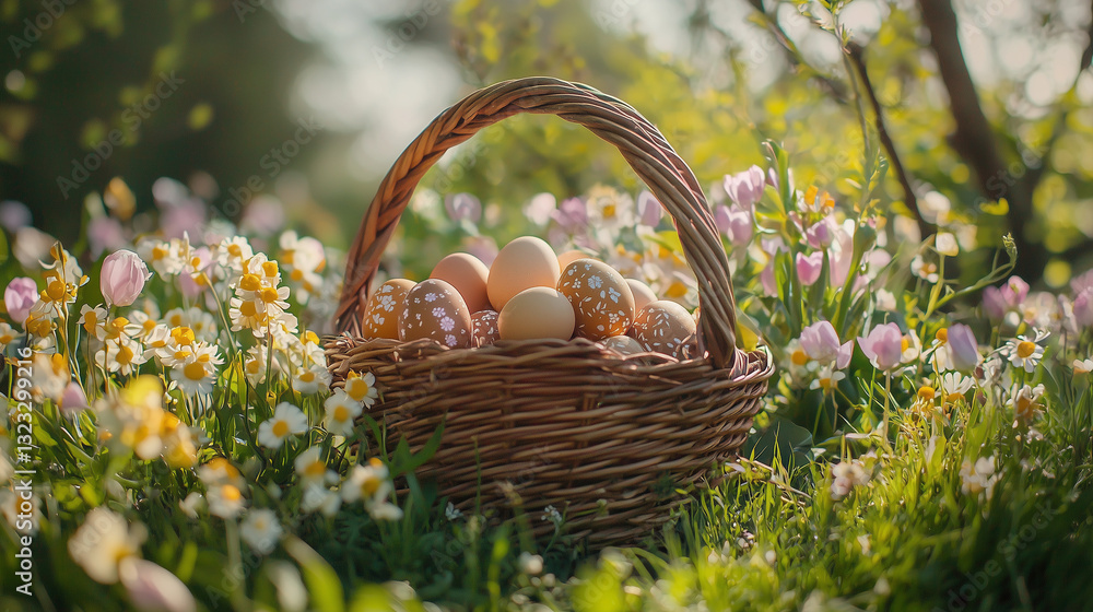 Wicker basket filled with organic Easter eggs in natural brown and beige tones, surrounded by fresh spring flowers, evoking a rustic, eco-friendly Easter vibe.
Wicker basket filled with organic Easter eggs in natural brown and beige tones, surrounded by fresh spring flowers, evoking a rustic, eco-friendly Easter vibe.