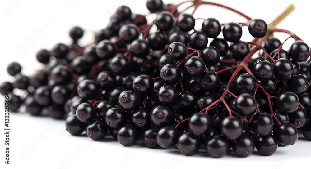 Elderberries, small dark purple berries clustered together on a white background.