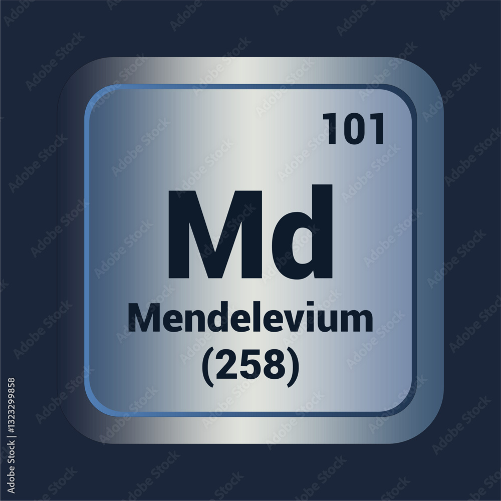 Mendelevium Md icon. Number One Hundred One. Mass (258) detail. Vector Background. Mendelevium Md icon. Number One Hundred One. Mass (258) detail. Vector Background.