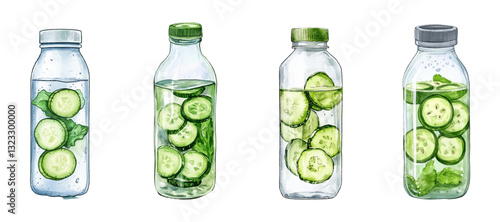 Watercolor set of water bottles with cucumber and mint. Bottle of water with slices of green cucumber. Concept of healthy eating, children, diet. Organic drinks. Vector illustration.