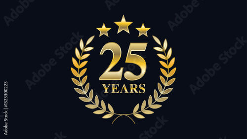 3D Elegant Gold Emblem for 25 Years Anniversary with Stars and Laurel Wreath. Vector.