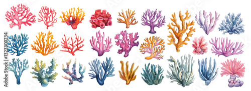 Big set of watercolor corals on a transparent background. Watercolor sea corals, reefs and algae on a transparent background. Concept of marine and ocean plants. Vector illustration.