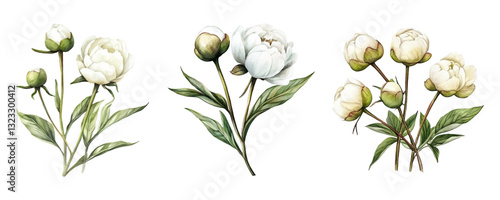 Watercolor set of vintage white peonies png. White peony flowers and buds in retro watercolor style. Vintage watercolor botany. Flower elements for vintage elegant designs. Watercolor vector botany.