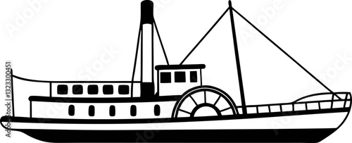 Black and white illustration of a vintage paddle steamer boat. Perfect for travel, nautical, or vintage designs. Steamboat Clipart: Black and White Vector Illustration