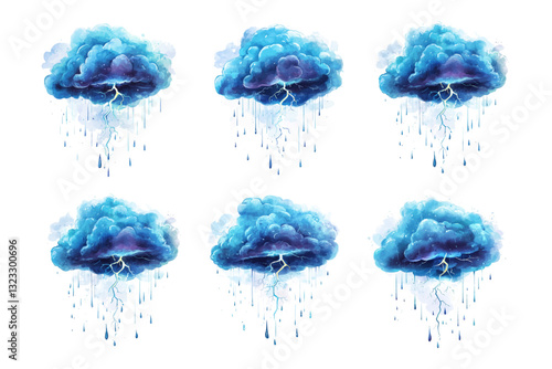 Watercolor set of clouds with rain and thunderstorms. Blue thundercloud with lightning. Watercolor elements of rain with lightning and thunderstorm. Weather and weather elements. Vector illustration.