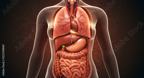 Female Internal Organs Anatomy Showing Lungs, Heart, Liver, Intestines and Stomach