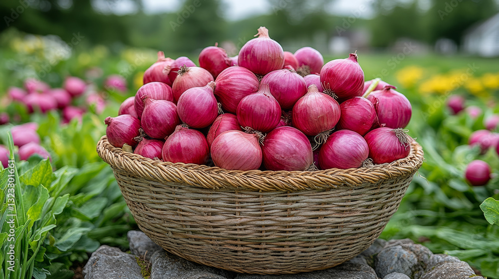 Freshly harvested onions in woven basket, surrounded by vibrant flowers and greenery, evoke sense of abundance and nature beauty Freshly harvested onions in woven basket, surrounded by vibrant flowers and greenery, evoke sense of abundance and nature beauty