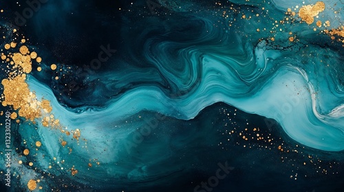 Abstract swirling energy in deep turquoise and gold, representing the purifying power of the Ganges. Horizontal Orientation