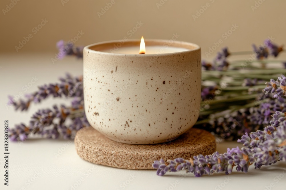 Relaxing atmosphere with a lavender candle placed on a cork coaster surrounded by fresh lavender blossoms in soft lighting Relaxing atmosphere with a lavender candle placed on a cork coaster surrounded by fresh lavender blossoms in soft lighting