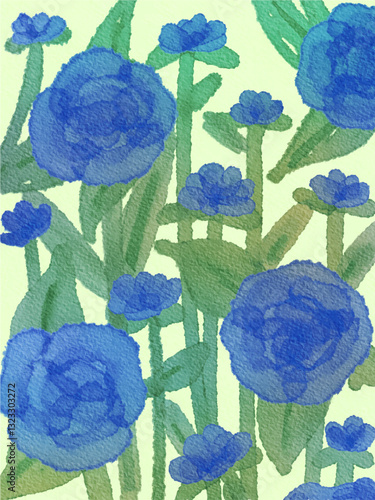 cute abstract watercolor illustration of blue rose flowers and leaves background wallpaper