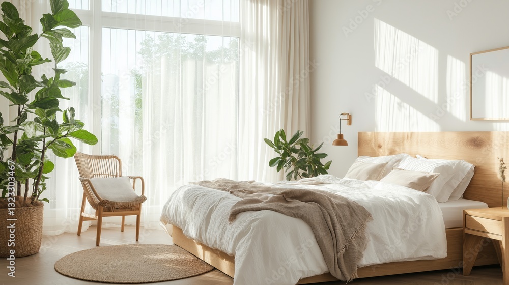 Modern and minimalist bedroom with a large window on the left side. the window has white curtains that let in natural light and offers a view of the greenery outside.