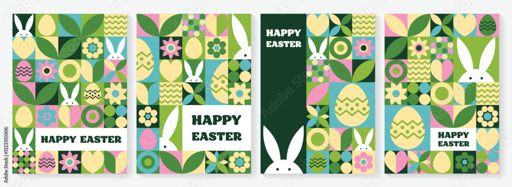 Fototapeta premium Easter bunny, egg and flower background. Collection of geometric greeting cards with cartoon elements. Vector illustration