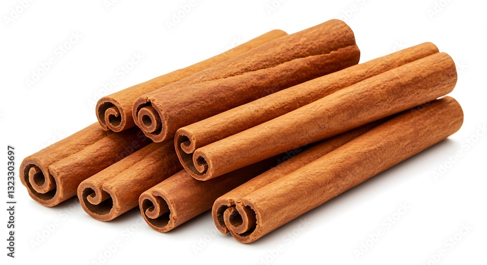 Cinnamon sticks, deep brown, slightly curled with rough textured bark, isolated on white Cinnamon sticks, deep brown, slightly curled with rough textured bark, isolated on white
