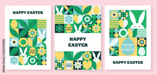 Easter bunny, egg and flower background. Collection of geometric greeting cards with cartoon elements. Vector illustration