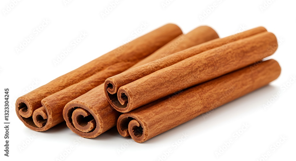 Cinnamon sticks, deep brown, slightly curled with rough textured bark, isolated on white Cinnamon sticks, deep brown, slightly curled with rough textured bark, isolated on white