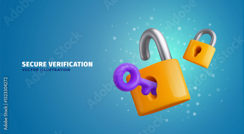 Safety, encryption, protection, privacy, data access.Digital security. Two yellow padlocks with keyhole and purple key cartoon vector illustration on blue abstract background.