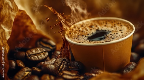 An energetic snapshot of coffee splashing from a cup, surrounded by roasted coffee beans, symbolizing the excitement and vitality of coffee culture and enjoyment.