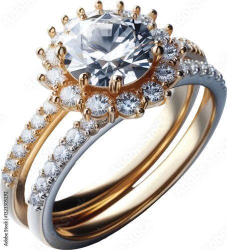 Realistic Modern Gold And Silver Ring paired with Diamond small Detail with a white background