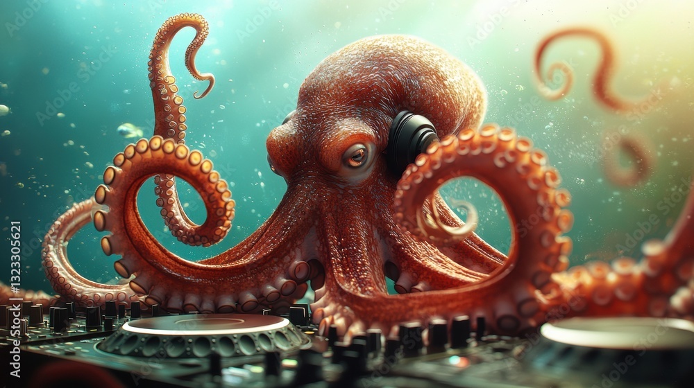 Octopus mixing music on a DJ turntable underwater. Octopus mixing music on a DJ turntable underwater.