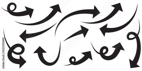 Black curved arrows icons set. Arrow sign in flat style. Wind movement image, process repeat symbol, rotation. 1176